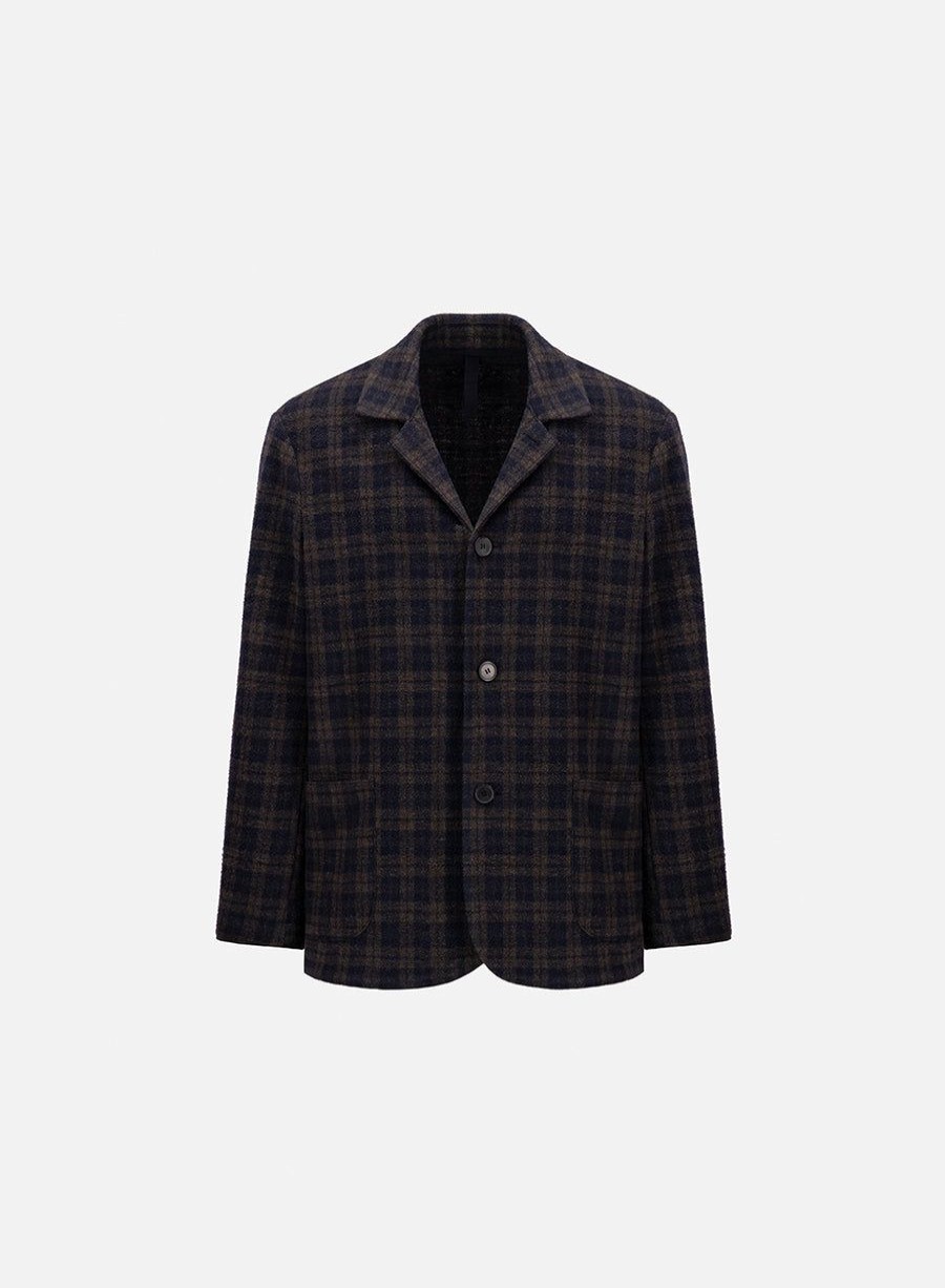 Harris Wharf London Dropped Shoulder Jacket Plaid Navy & Brown | Men