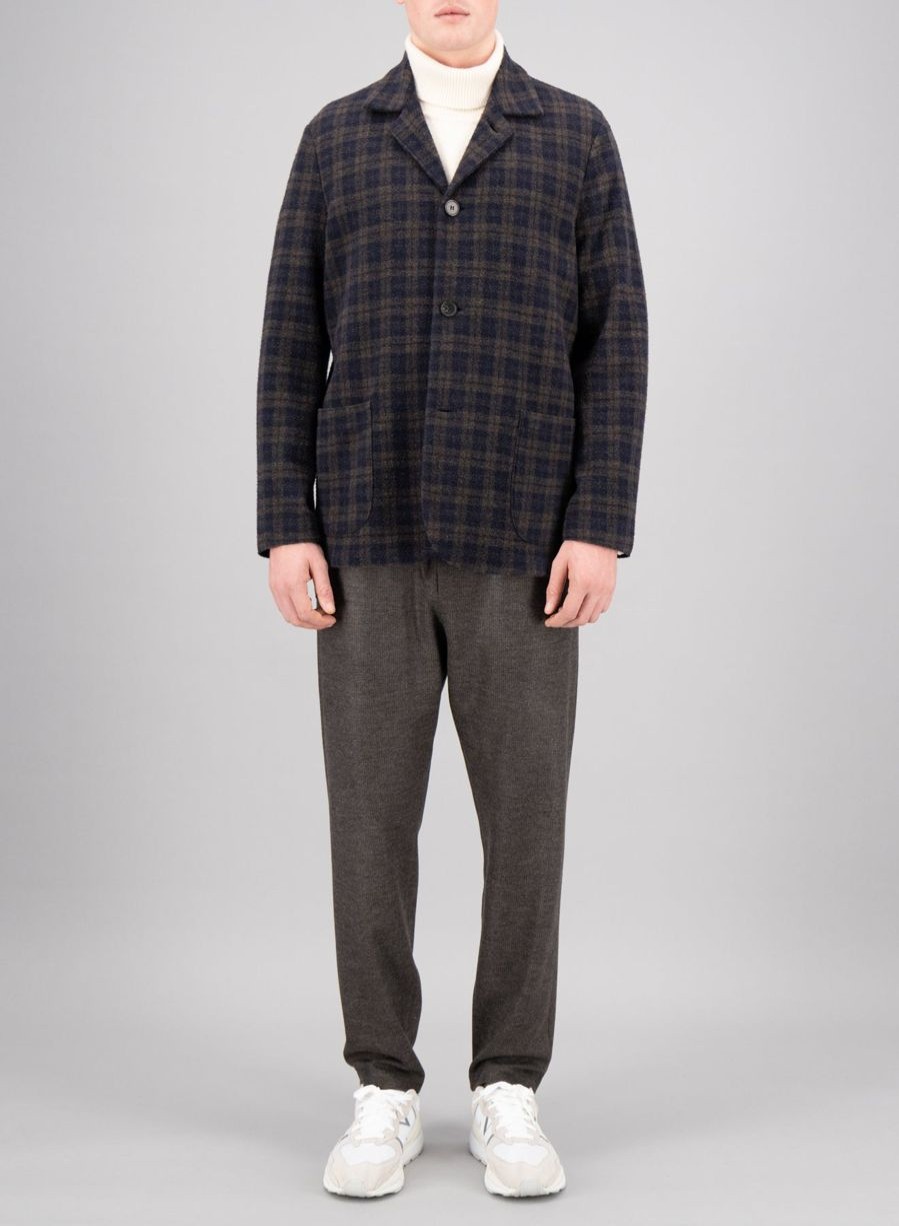 Harris Wharf London Dropped Shoulder Jacket Plaid Navy & Brown | Men