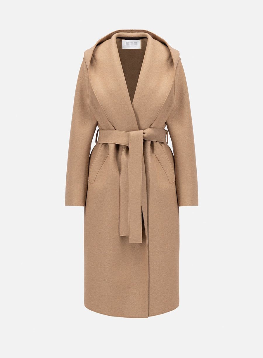 Harris Wharf London Hooded Wrap Coat Pressed Wool Tan | Women