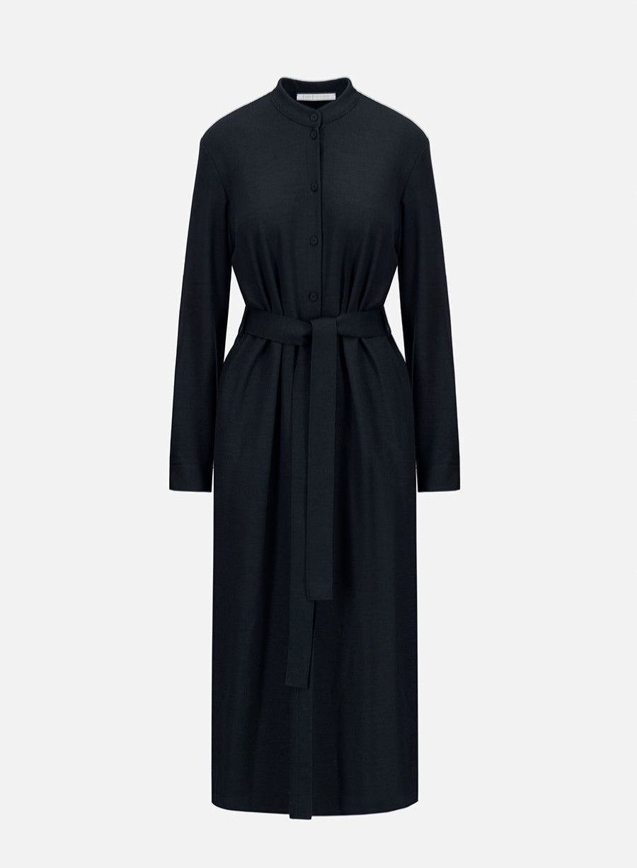 Harris Wharf London Long Belted Shirt Dress Superfine Merino Navy Blue | Women