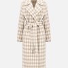 Harris Wharf London Belted Long Coat Gingham Pattern Cream & Beige | Women