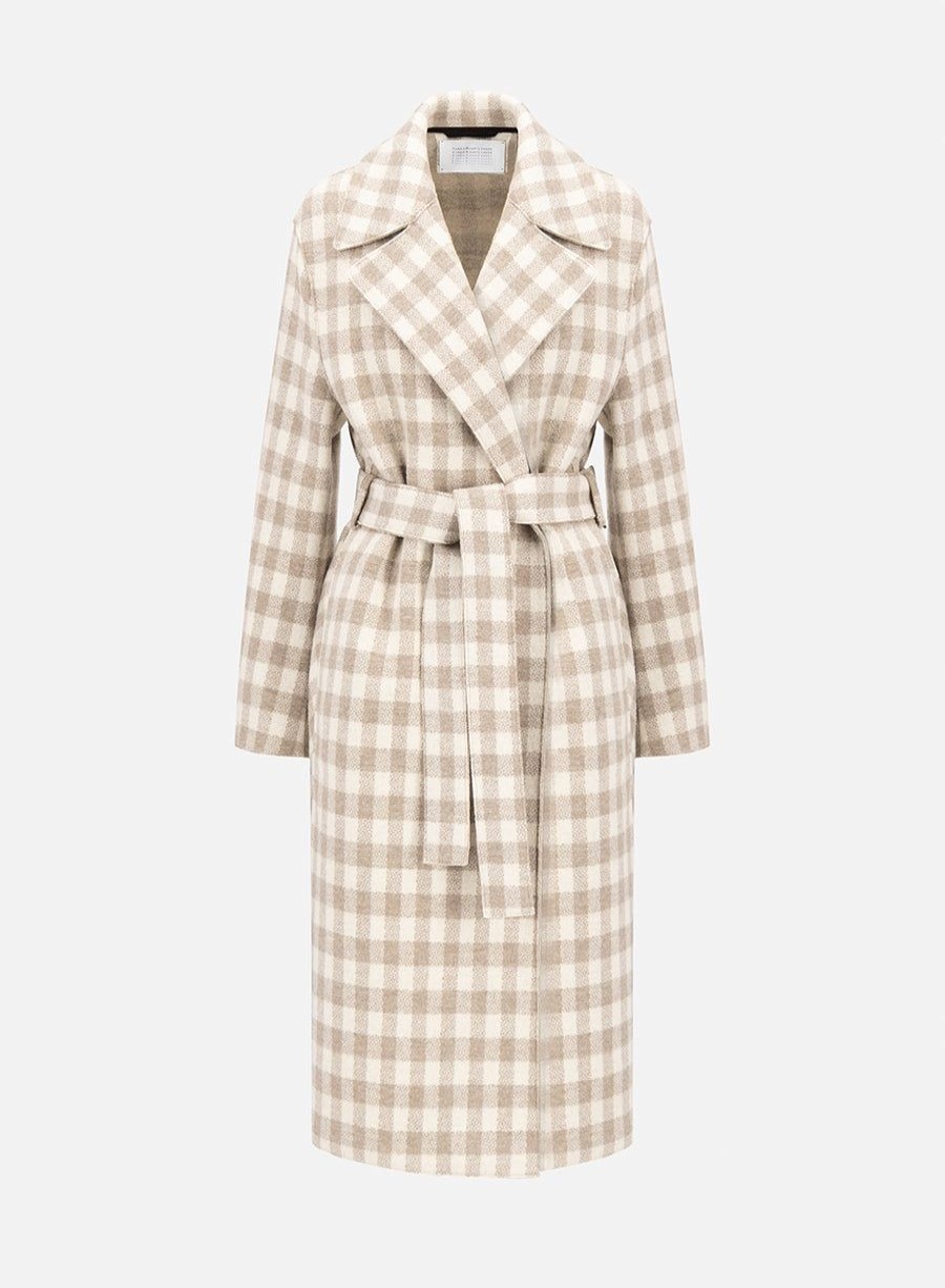 Harris Wharf London Belted Long Coat Gingham Pattern Cream & Beige | Women