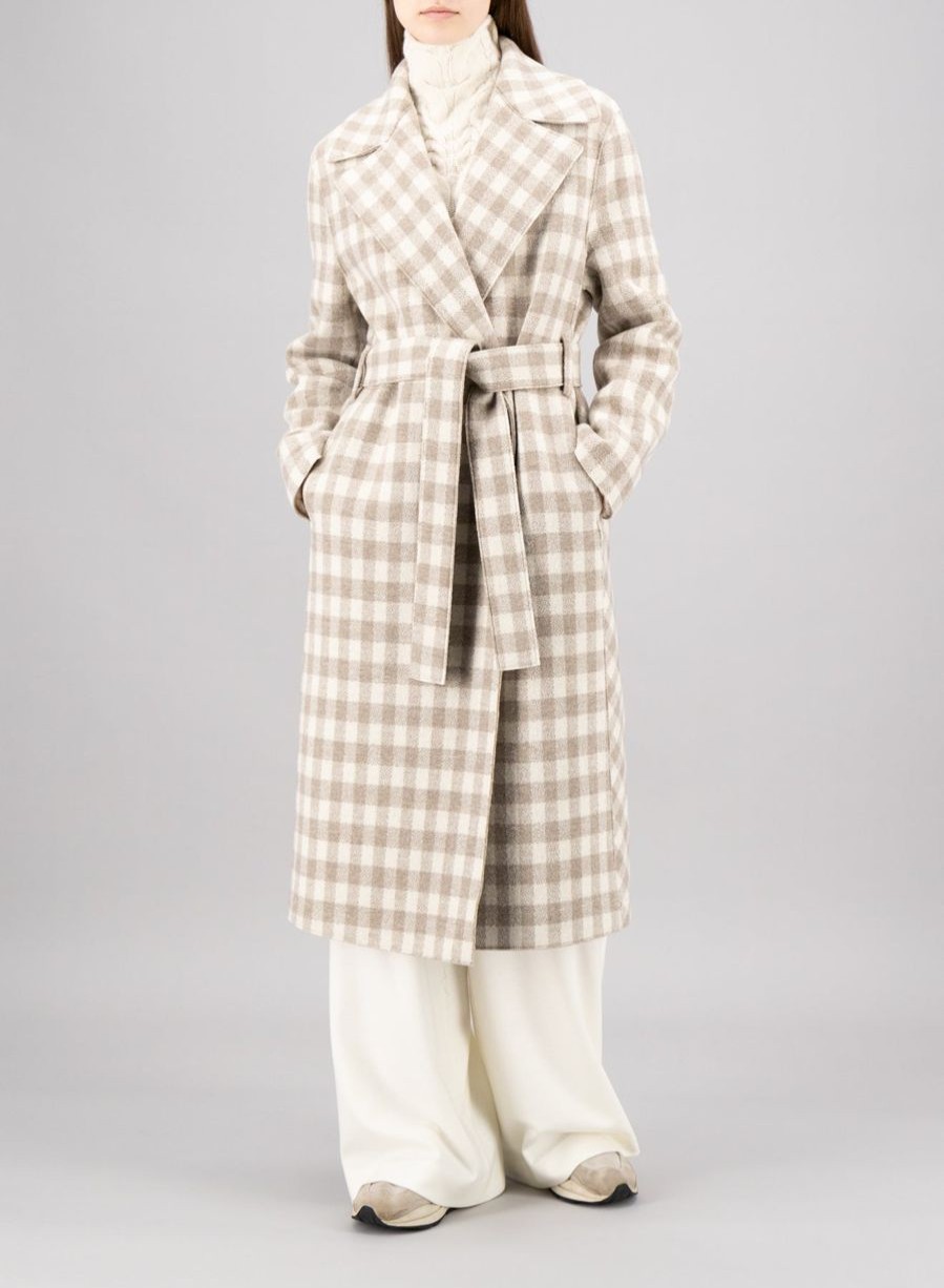 Harris Wharf London Belted Long Coat Gingham Pattern Cream & Beige | Women