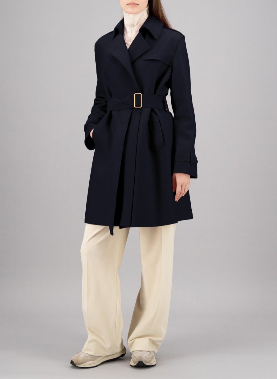 Harris Wharf London Golden Buckle Trench Pressed Wool Navy Blue | Women