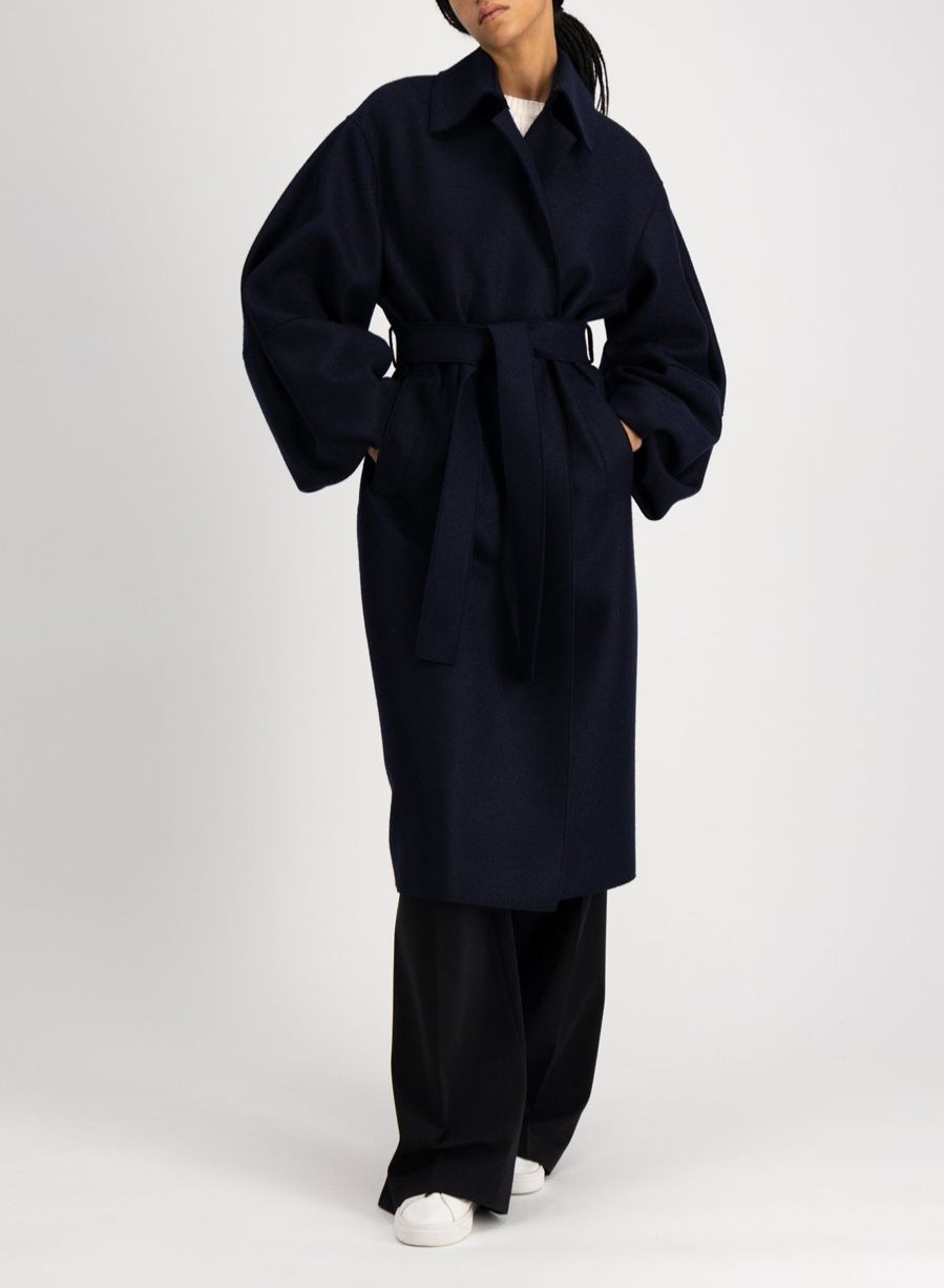 Harris Wharf London Puff Sleeves Coat Pressed Wool Navy Blue | Women