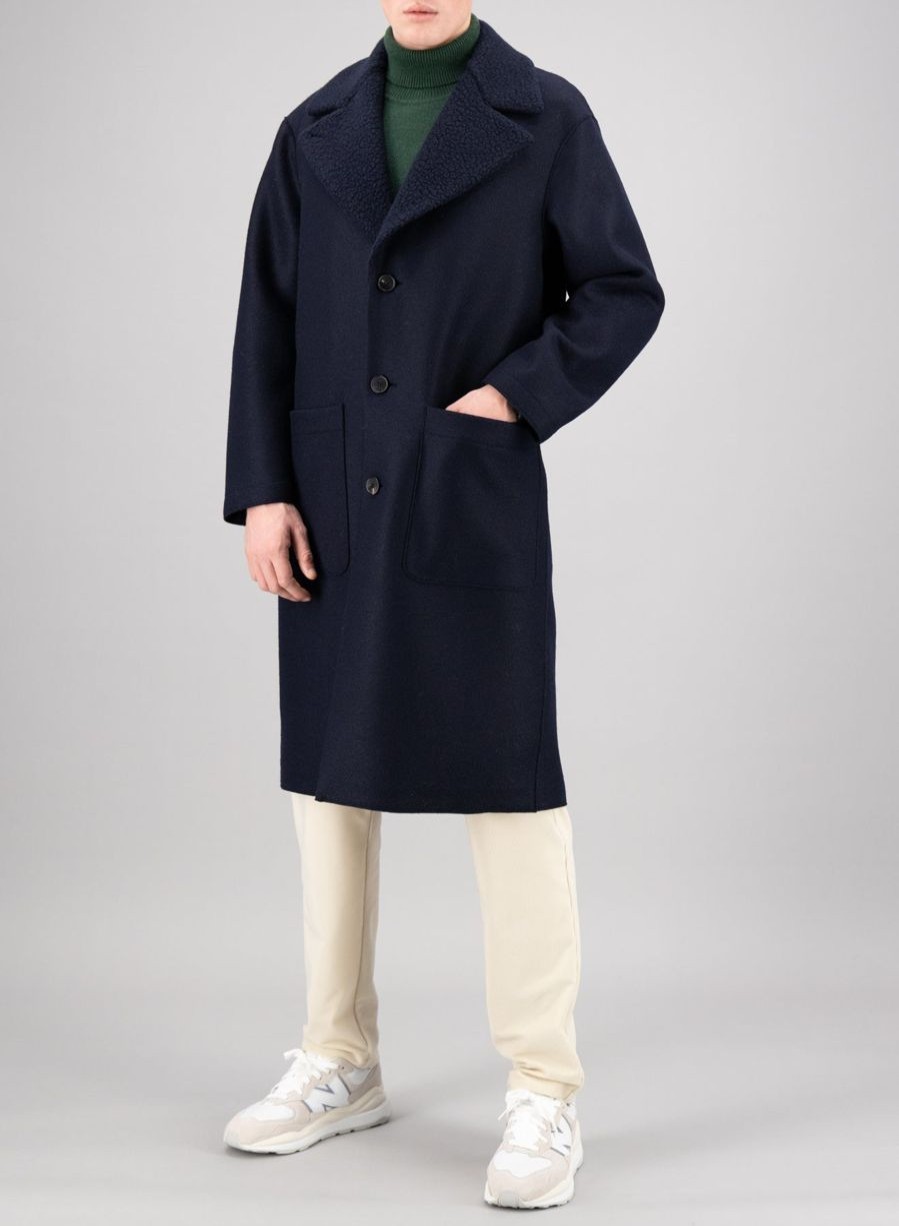 Harris Wharf London Greatcoat Pressed Wool And Boucle Navy Blue | Men