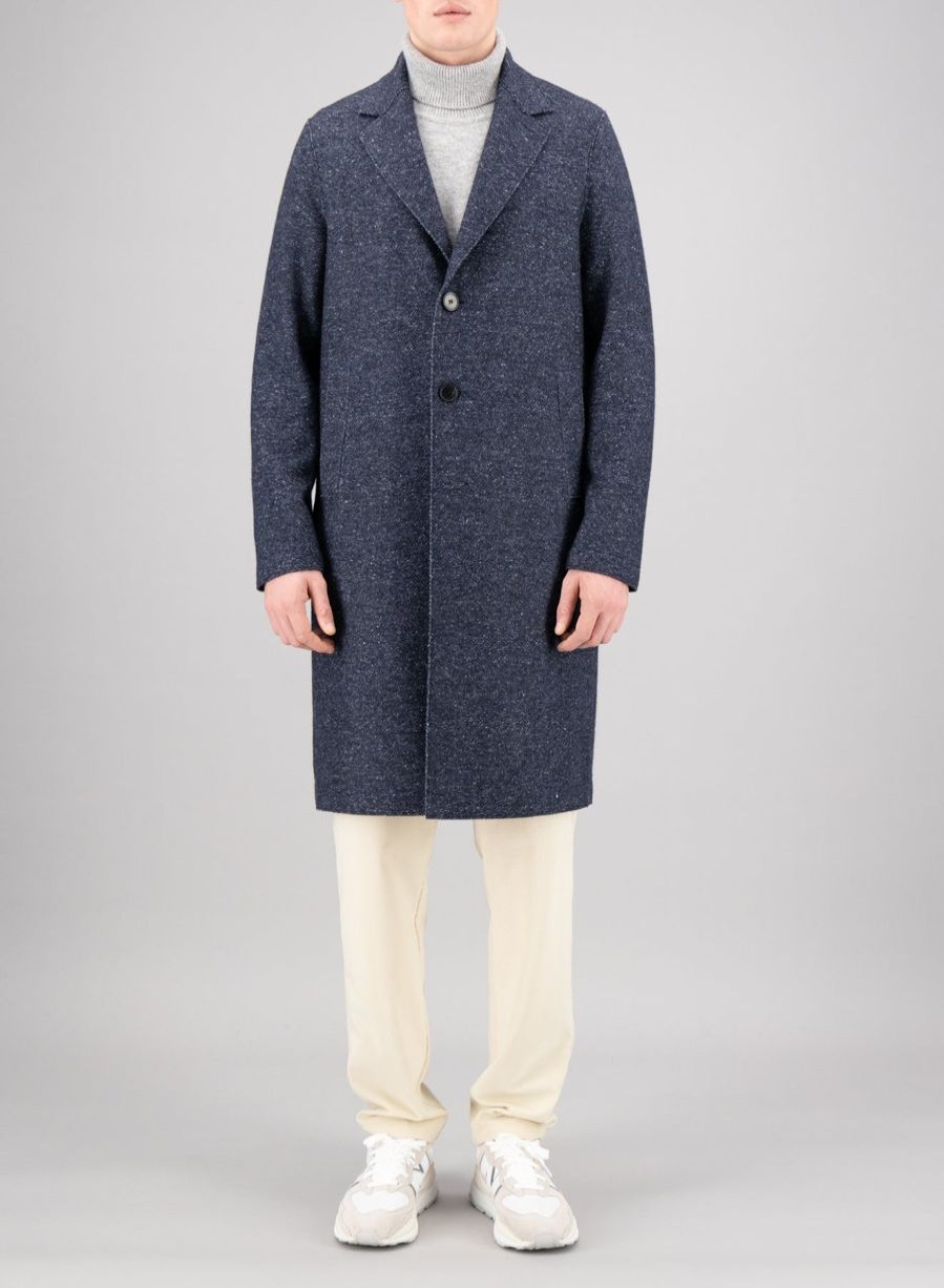 Harris Wharf London Overcoat Patterned Cashmere Blend Denim Donegal | Men