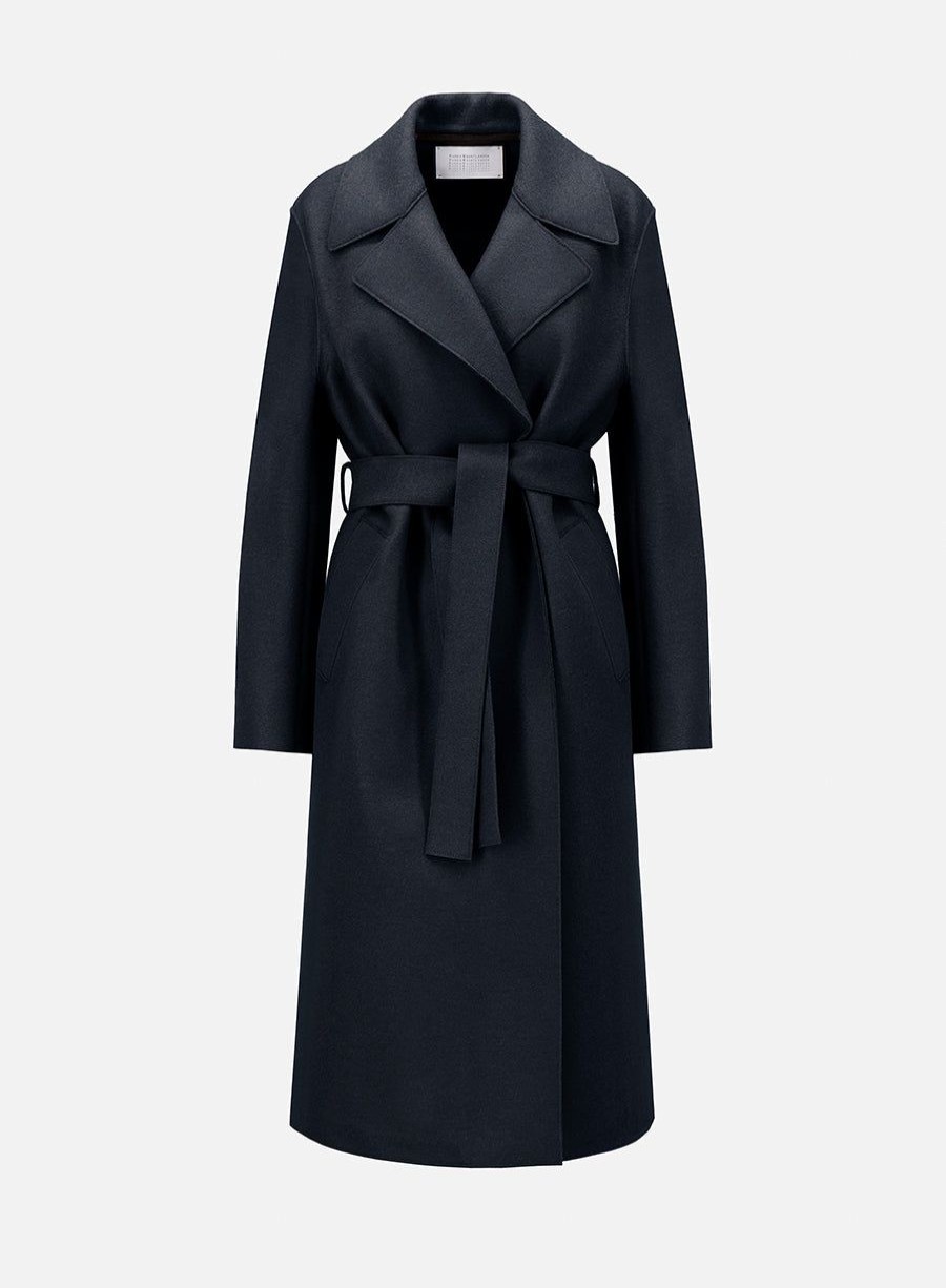 Harris Wharf London Belted Long Coat Pressed Wool And Polaire Dark Blue | Women