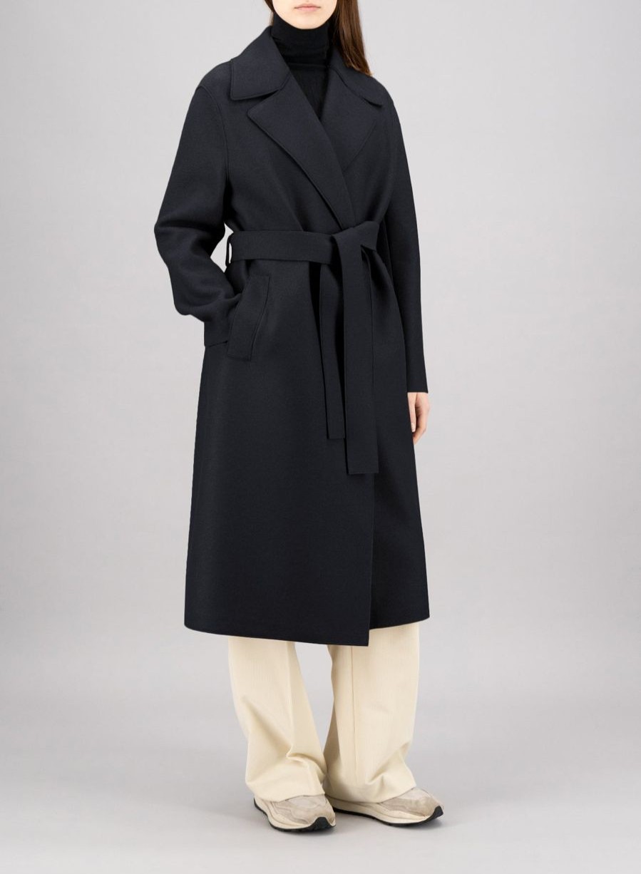 Harris Wharf London Belted Long Coat Pressed Wool And Polaire Dark Blue | Women