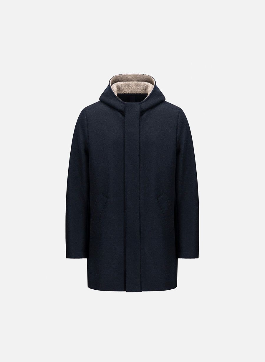 Harris Wharf London Long Parka Pressed Wool With Boucle Details Dark Blue | Men