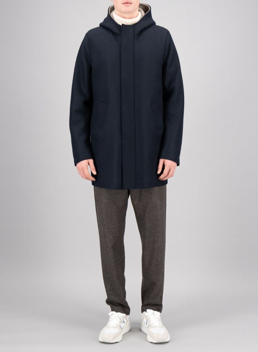 Harris Wharf London Long Parka Pressed Wool With Boucle Details Dark Blue | Men