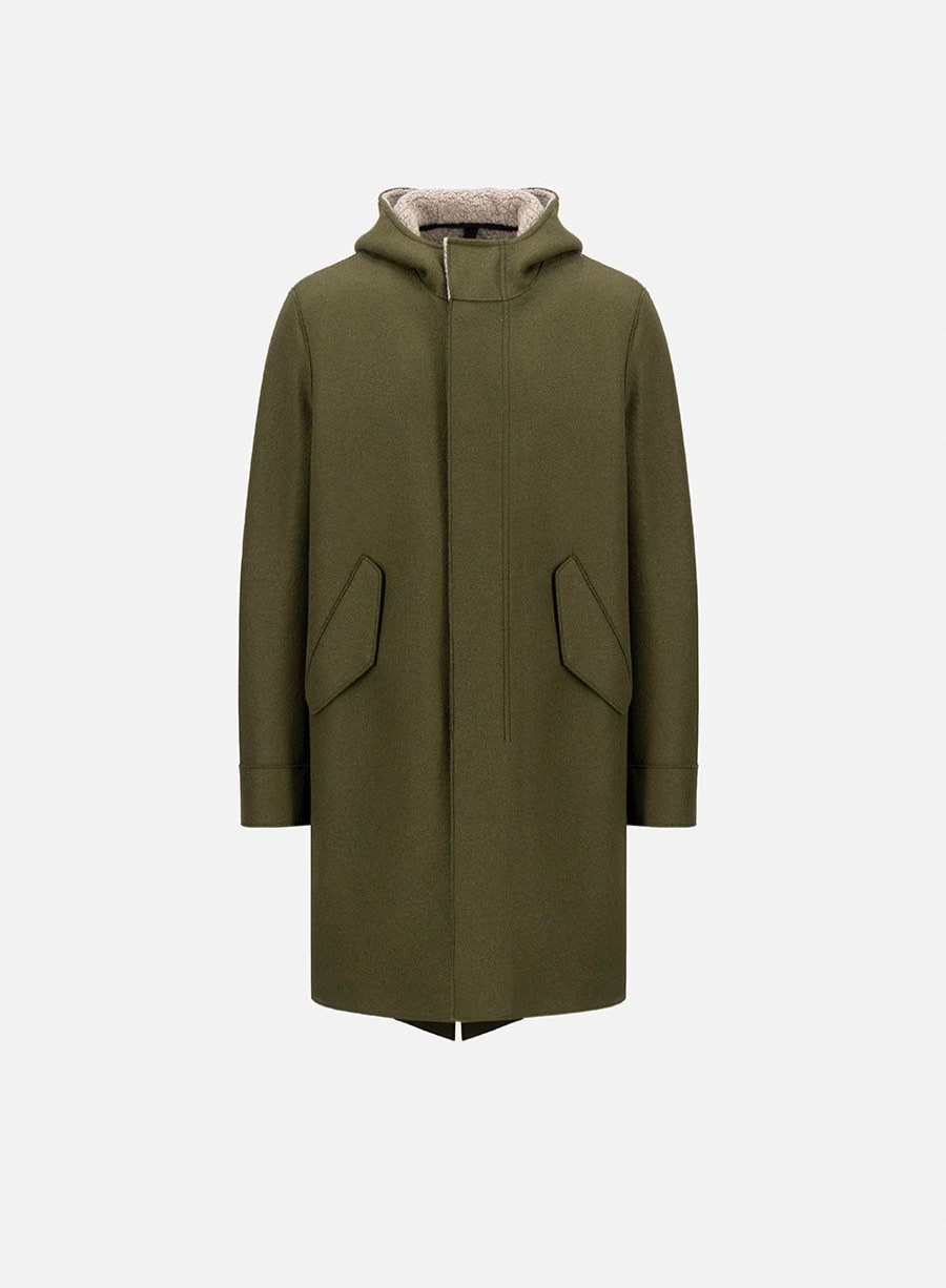 Harris Wharf London Fishtail Parka Felted Wool And Boucle Moss Green/Taupe | Men