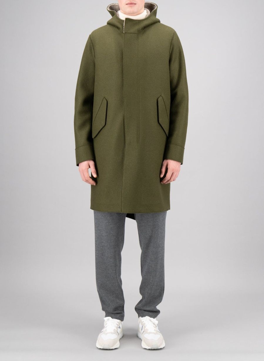 Harris Wharf London Fishtail Parka Felted Wool And Boucle Moss Green/Taupe | Men