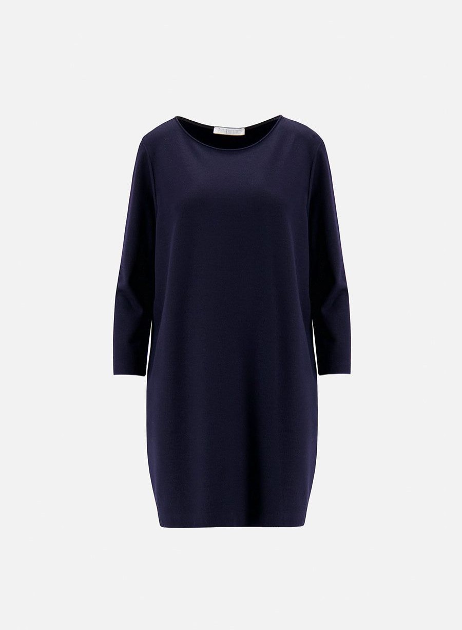 Harris Wharf London Geometric Boxy Dress Superfine Merino Navy Blue | Women