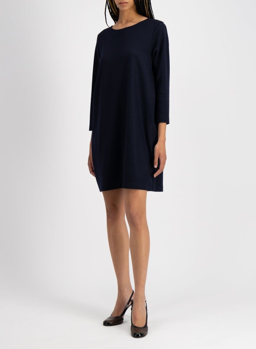 Harris Wharf London Geometric Boxy Dress Superfine Merino Navy Blue | Women